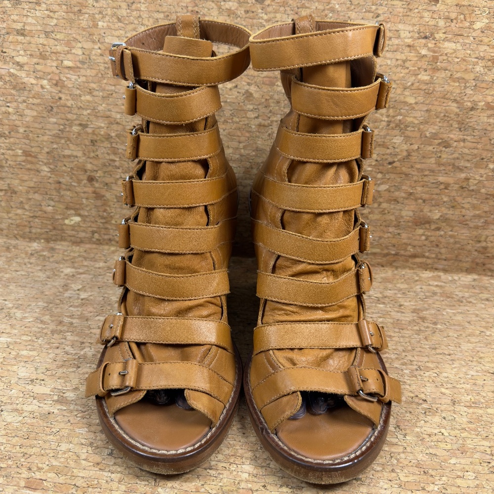 Ann Demeulemeester Brown Leather Multi-Buckle Wedge Sandals Gladiator Shoes 40